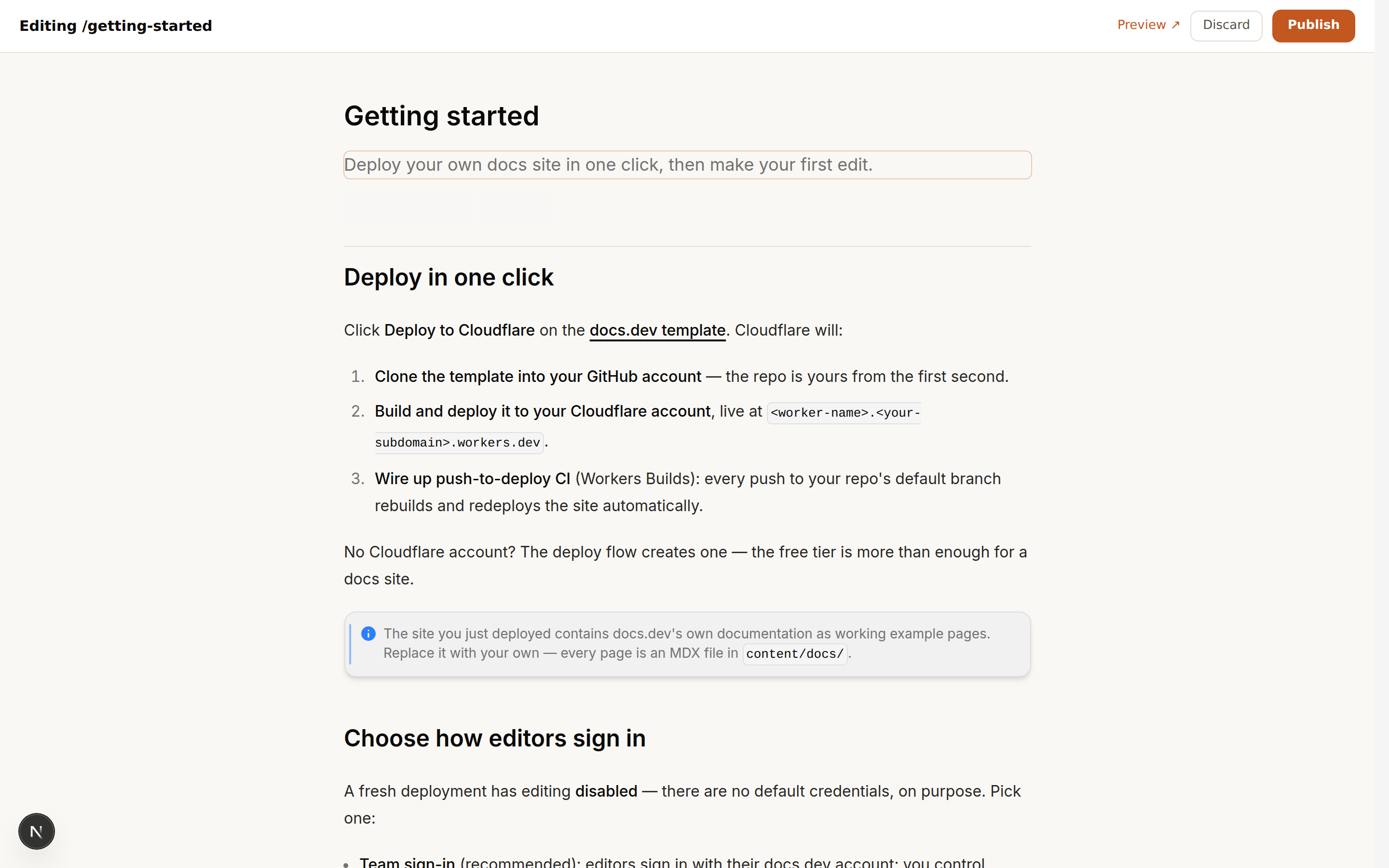 This page, open in the editor — the Editing toolbar with Preview, Discard, and Publish sits above the live page